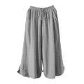 Minibee Women's Linen Cropped Pants Drawstring Waist Wide Leg Trousers with Frog Button (XXL, Gray)