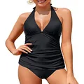 Holipick Women Two Piece Swimsuit Deep V Neck Halter Ruched Tankini Sets Black S