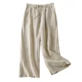 FTCayanz Women's Linen Cropped Wide Leg Pants Elastic Waist Casual Palazzo Trousers with Pockets Beige Medium