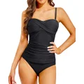 Holipick Women Black Bandeau Tankini Swimsuits Twist Front Tankini Top with Swim Shorts Tummy Control Two Piece Bathing Suits M
