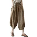 IXIMO Women's Linen Capri Pants Casual Loose Fit Wide Leg Harem Pocket Pleated Trousers, Dark Khaki, Large