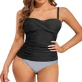 Holipick Two Piece Bandeau Tankini Swimsuits for Women Tummy Control Bathing Suits Twist Front Tankini Top with Swim Shorts, Black Striped, XX-Large