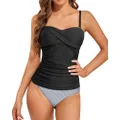 Holipick Two Piece Bandeau Tankini Swimsuits for Women Tummy Control Bathing Suits Twist Front Tankini Top with Swim Shorts, Black Striped, XX-Large