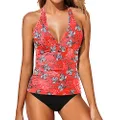 Holipick Two Piece Tankini Swimsuits for Women Tummy Control Bathing Suits Ruffle Halter Tankini Top with Bikini Bottoms, Red Floral, Small