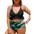Yonique Women Plus Size Two Piece Swimsuits High Waisted Bikini Set Tummy Control Bathing Suits Ruffle Swimwear, Black and Flowers, 22 Plus