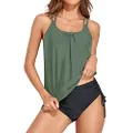Holipick Two Piece Tankini Bathing Suits for Women Tummy Control Swimsuits Athletic Blouson Tankini Top with Bikini Bottom, Army Green, Small