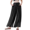 Fakanhui Women's Linen Palazzo Pants Summer Beach Wide Leg High Waist Casual Dressy Lounge Pant Trouser, Black, XX-Large