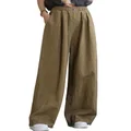Aeneontrue Women's Linen Wide Leg Long Pants 2024 Casual Elastic Waist Summer Palazzo Trousers with Pockets, Khaki, X-Large
