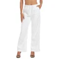 HDE Women's Linen Drawstring Pants Wide Leg Casual Palazzo Trouser with Pockets, White, X-Large Short