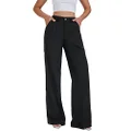 LYANER Women's Casual Wide Leg High Waited Button Down Straight Long Trousers Palazzo Pants, Black, Medium