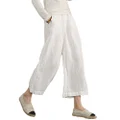 Ecupper Women's Elastic Waist Causal Loose Trousers 100 Linen Cropped Wide Leg Pants White 16-18