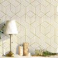 White and Gold Geometry Stripped Hexagon Peel and Stick Wallpaper Gold Stripes Wallpaper White Contact Paper Removable Self Adhesive Vinyl Film Decorative Shelf Drawer Liner Roll 78.7”x17.7”