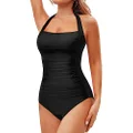 Tempt Me Women One Piece Swimsuit Halter Retro Inspired Elegant Swimwear Shirred Tummy Control Bathing Suit Black L