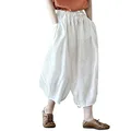 IXIMO Women's Linen Capri Pants Casual Loose Fit Wide Leg Harem Pocket Pleated Trousers, White, XX-Large