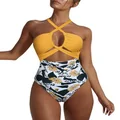 Hilor Women's One Piece Swimsuit Sexy Cutout Halter Bathing Suits Crossover High Cut Monokini Swimwear, Yellow Floral, 16