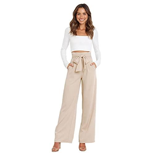ABAFIP Women's High Waist Wide Leg Pants Business Work Office Casual Flared Palazzo Long Pants Belted Trousers, Apricot, Small
