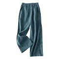 IXIMO Women's Linen Pants Elastic Pleated Wide Leg Straight Fit Palazzo Pants, Long Style Dark Turquoise, XX-Large