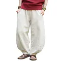 IXIMO Women's Linen Wide Leg Pants Loose Fit Bloomers Trousers with Elastic Waist Style3 Beige L