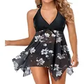 Holipick Women's Black Floral Tankini Swimdress V Neck Mesh Halter Two Piece Swimsuits Push Up Flowy Bathing Suit Dress XL