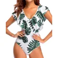 Tempt Me Women White Leaves Flounce One Piece Swimsuit Ruffle V Neck Tummy Control Bathing Suit XS