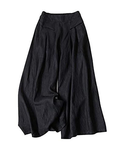Gihuo Women' s Casual Cotton Linen Palazzo Pants Elastic Waist Wide Leg Culottes(Black-M), Black, Medium