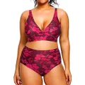 Yonique Womens Plus Size Bikini High Waisted Swimsuits Two Piece Bathing Suits Tummy Control Swimwear, Red Flowers, 20 Plus