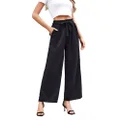 SDEER Women's Belted Wide Leg Pants Elastic High Waist Pure Color Loose Fit Long Pants Casual Palazzo Trousers, Black, XX-Large