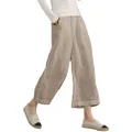 Ecupper Women's Elastic Waist Causal Loose Trousers 100 Linen Cropped Wide Leg Pants Kahki 18-18W