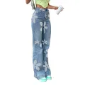 Women's Flower Print Y2K Fashion Wide Leg High Waist Denim Pants Boyfriend Jeans Loose Fit Vintage Jeans for Teen Girls