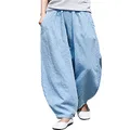 IXIMO Women's Linen Pants Casual Wide Leg Relax Fit Ankle Length Lantern Trousers, Blue, Small