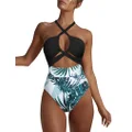 Hilor Women's One Piece Swimsuit Sexy Cutout Halter Bathing Suits Crossover High Cut Monokini Swimwear, Black&green Leaves, 14