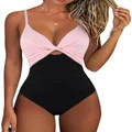 Hilor Women's One Piece Swimsuit Front Twist Keyhole Bathing Suit Sexy Monokini Swimwear Tummy Control, Pink&black, 16