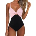 Hilor Women's One Piece Swimsuit Front Twist Keyhole Bathing Suit Sexy Monokini Swimwear Tummy Control, Pink&black, 16