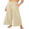 utcoco Women's Cotton Linen Wide Leg Pants Casual Loose Stretchy High Waisted Pants Trouses, Khaki, Medium