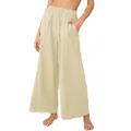 utcoco Women's Cotton Linen Wide Leg Pants Casual Loose Stretchy High Waisted Pants Trouses, Khaki, Medium