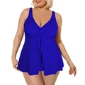 Sovoyontee Women Plus Size Tankini Swimsuit Two Piece Flowy Swim Dress Twist Front Bathing Suits Tummy Control Swimwear, Blue, 3X-Large Plus