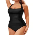 Tempt Me Women One Piece Swimsuit Halter Retro Inspired Elegant Swimwear Shirred Tummy Control Bathing Suit Black M