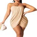 Umenlele Women's Sexy Tube Strapless Backless Ruched Wrap Stretchy Bodycon Short Mini Dress, Beige, Medium