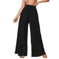 LilyCoco Women’s Wide Leg Palazzo Pants High Waisted Ruffle Flowy Bell Bottom Baggy Elastic Waist Trousers, Black, X-Large