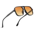 Freckles Mark Trendy Retro Aviator Sunglasses for Mens Womens Double Bridge Vintage 70s Glasses Oversized Square Shades F9757, Black / Gradient Orange, 56MM