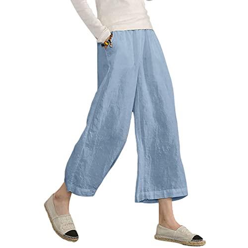 Ecupper Women's Elastic Waist Causal Loose Trousers 100 Linen Cropped Wide Leg Pants Light Blue 16-18
