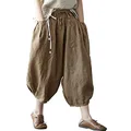 IXIMO Women's Linen Capri Pants Casual Loose Fit Wide Leg Harem Pocket Pleated Trousers, Dark Khaki, X-Large