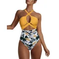 Hilor Women's One Piece Swimsuit Sexy Cutout Halter Bathing Suits Crossover High Cut Monokini Swimwear, Yellow Floral, 18