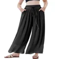 Fakanhui Women's Linen Palazzo Pants Summer Beach Wide Leg High Waist Casual Dressy Lounge Pant Trouser, Black, Large