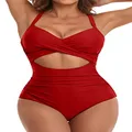 Eomenie Women's One Piece Swimsuits Tummy Control Cutout High Waisted Bathing Suit Wrap Tie Back 1 Piece Swimsuit, Red, XX-Large