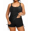 Holipick Two Piece Plus Size Tankini Swimsuit for Women Tummy Control Bathing Suit Top Athletic Swimwear with Boy Shorts, Black, 18 Plus