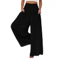 OPOIPIN Women's Smocked High Waisted Lounge Trousers Wide Leg Long Pants with Pockets, Solid Black, X-Large