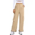 BMJL Women's High Waisted Cargo Pants Casual Wide Leg Pants Pockets Combat Military Snap Button Trousers, Khaki01, X-Large