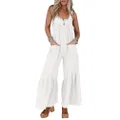 Cicy Belll Women's Wide Leg Ruffle Jumpsuits Open Back Summer Casual Boho Long Pants Rompers, White, X-Large