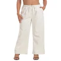 HDE Women's Linen Drawstring Pants Wide Leg Casual Palazzo Trouser with Pockets, Khaki Sand, X-Large